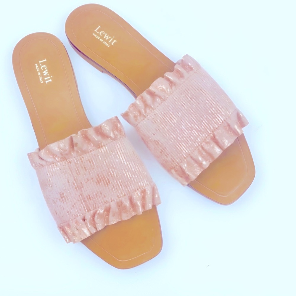 LEWIT Rose Gold Cassandra Ruffle Slide Sandals - Metallic Floral Leather Shoes